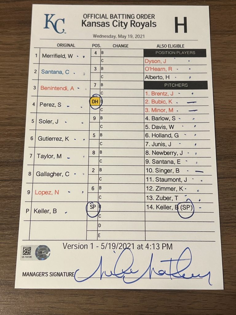 2021 GAME USED KANSAS CITY ROYALS BASEBALL UMPIRE LINE UP CARD 5/19