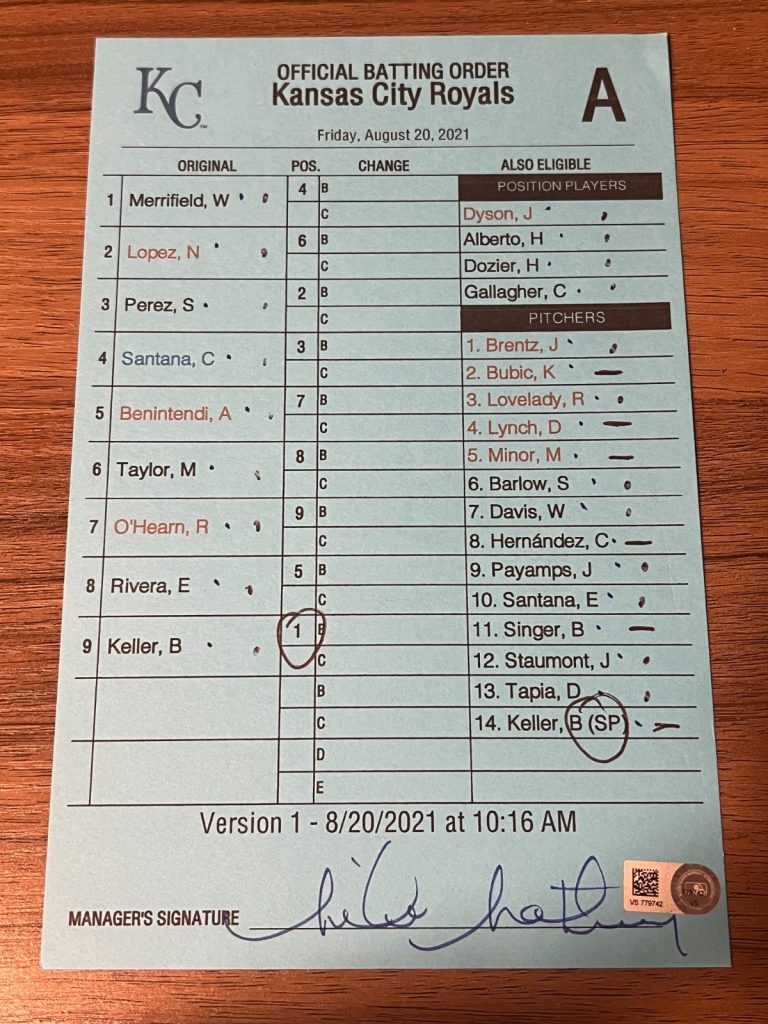 2021 GAME USED KANSAS CITY ROYALS BASEBALL UMPIRE LINE UP CARD 8/20 SALVY 2 HR
