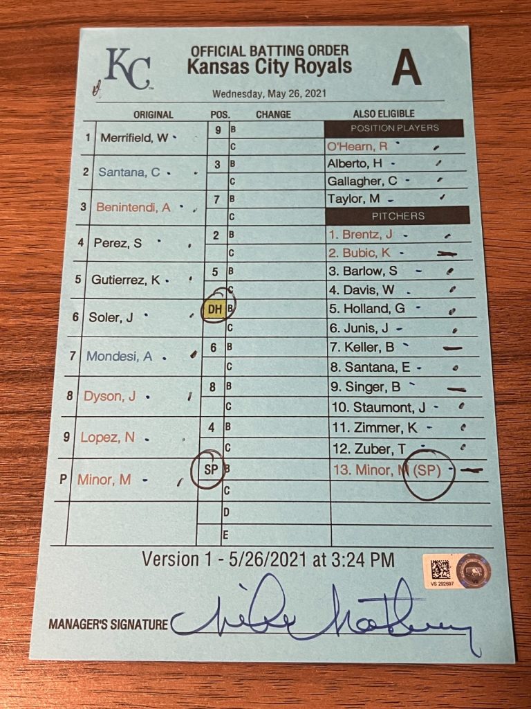 2021 GAME USED KANSAS CITY ROYALS BASEBALL UMPIRE LINE UP CARD 5/26