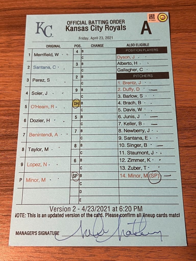 2021 GAME USED KANSAS CITY ROYALS BASEBALL UMPIRE LINE UP CARD 4/23
