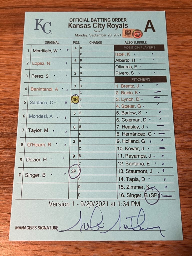 2021 GAME USED ROYALS UMPIRE LINE UP CARD 9/20 SALVADOR PEREZ 46 CATCH HR RECORD