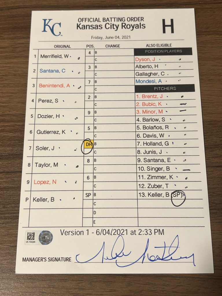 2021 GAME USED KANSAS CITY ROYALS BASEBALL UMPIRE LINE UP CARD 6/4 V1