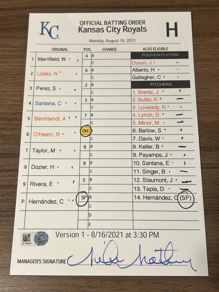 2021 GAME USED KANSAS CITY ROYALS BASEBALL UMPIRE LINE UP CARD 8/16