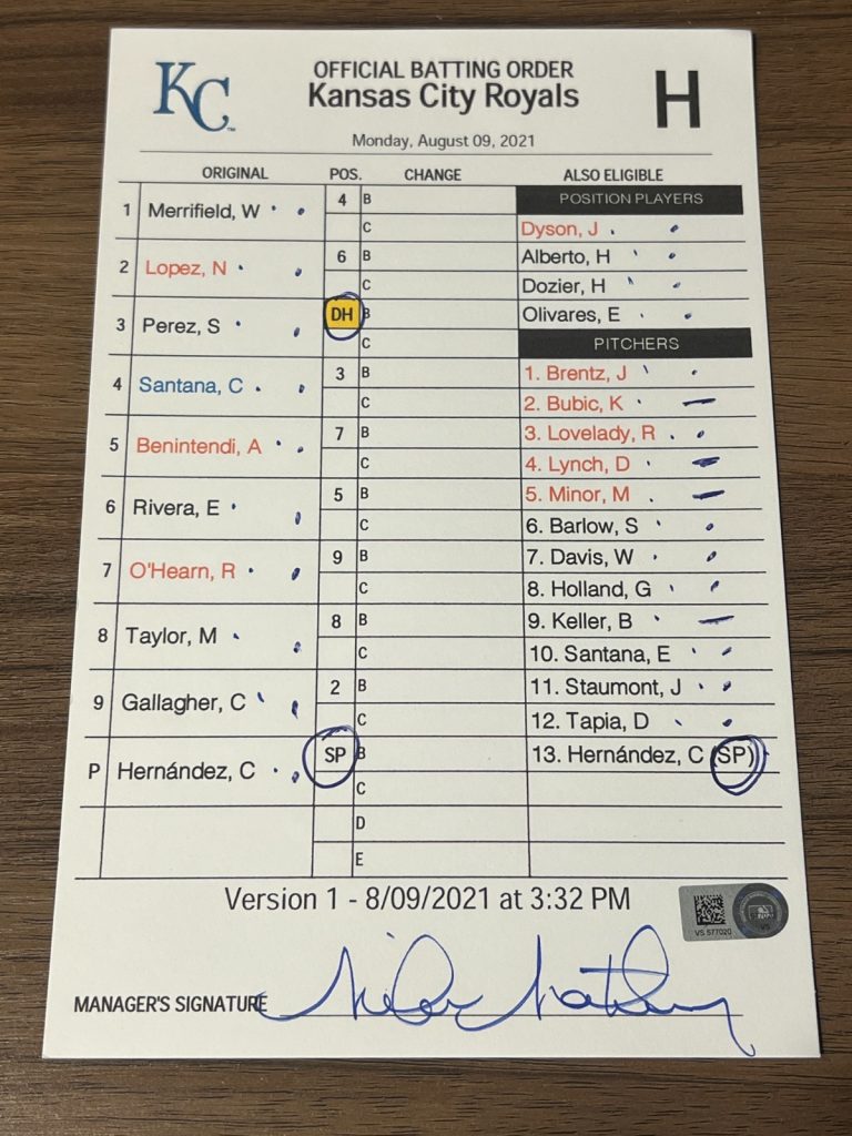 2021 GAME USED KANSAS CITY ROYALS BASEBALL UMPIRE LINE UP CARD 8/9