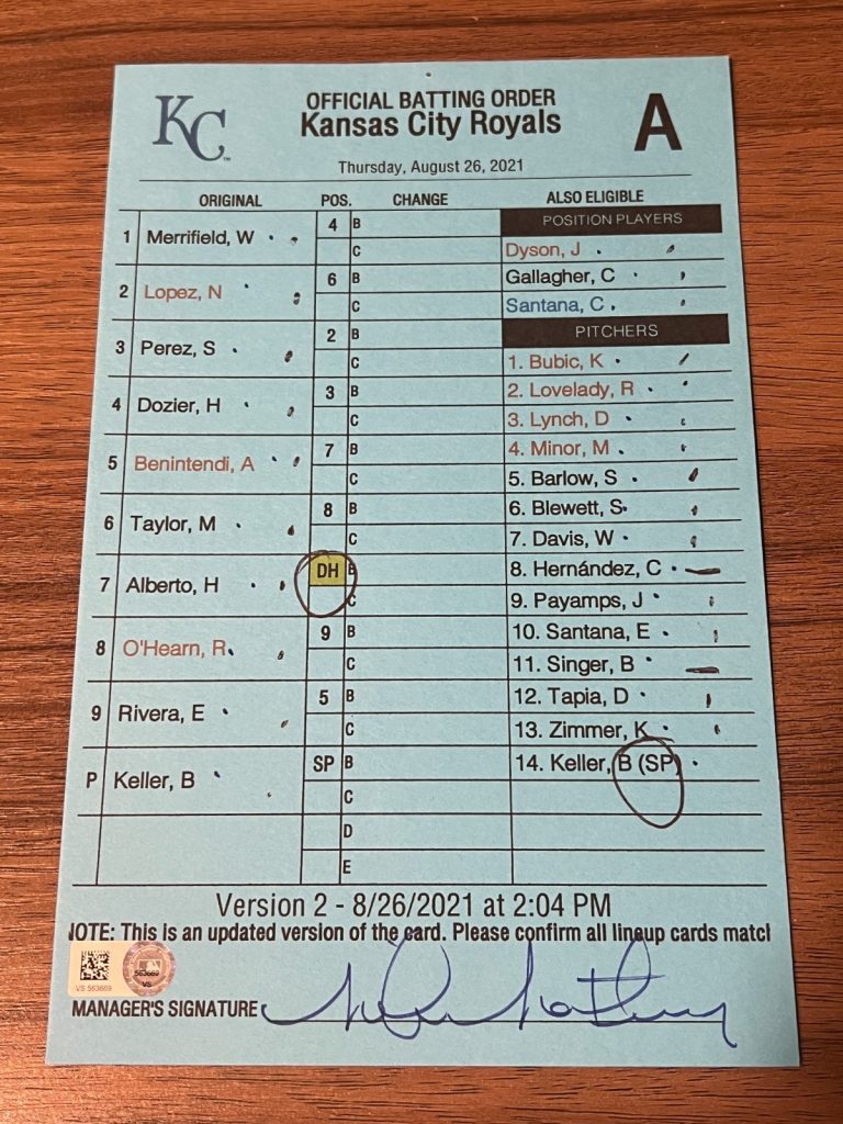 2021 GAME USED KANSAS CITY ROYALS BASEBALL UMPIRE LINE UP CARD 8/26 SALVY HR GS