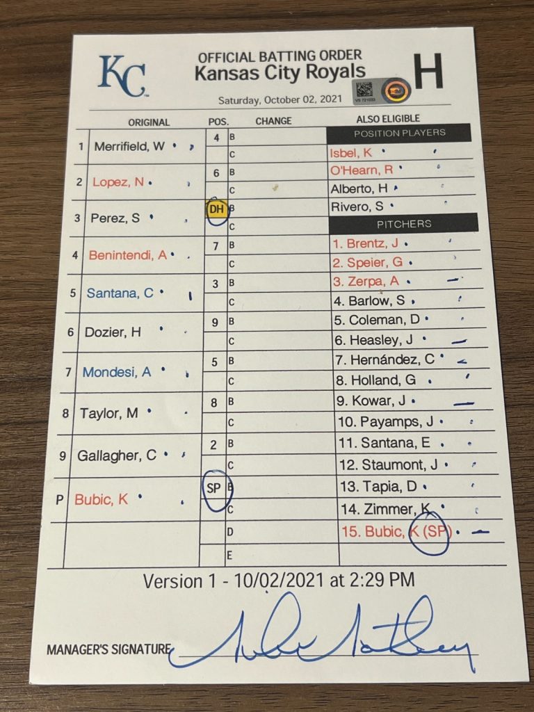 2021 GAME USED KANSAS CITY ROYALS BASEBALL UMPIRE LINE UP CARD 10/2 BUBIC