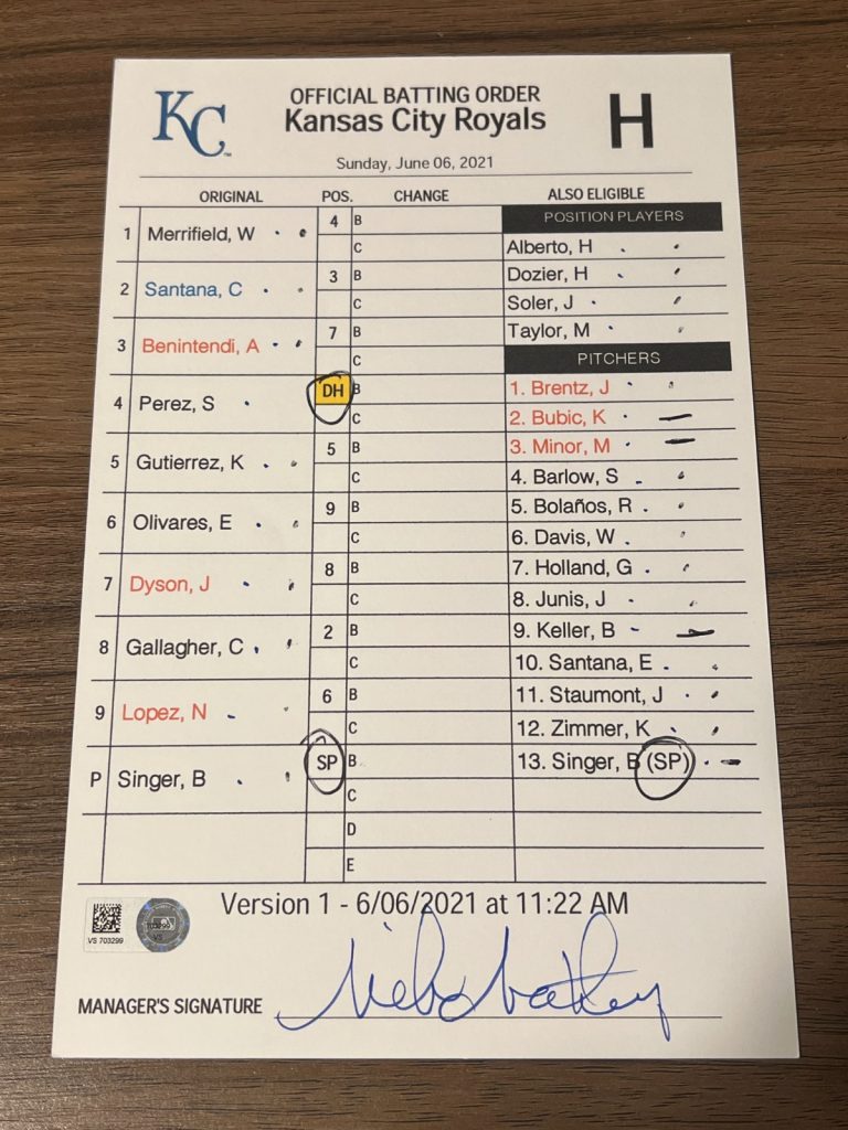 2021 GAME USED KANSAS CITY ROYALS BASEBALL UMPIRE LINE UP CARD 6/6