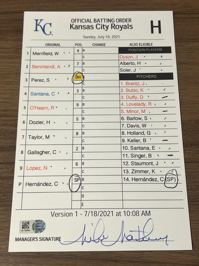2021 GAME USED KANSAS CITY ROYALS BASEBALL UMPIRE LINE UP CARD 7/18