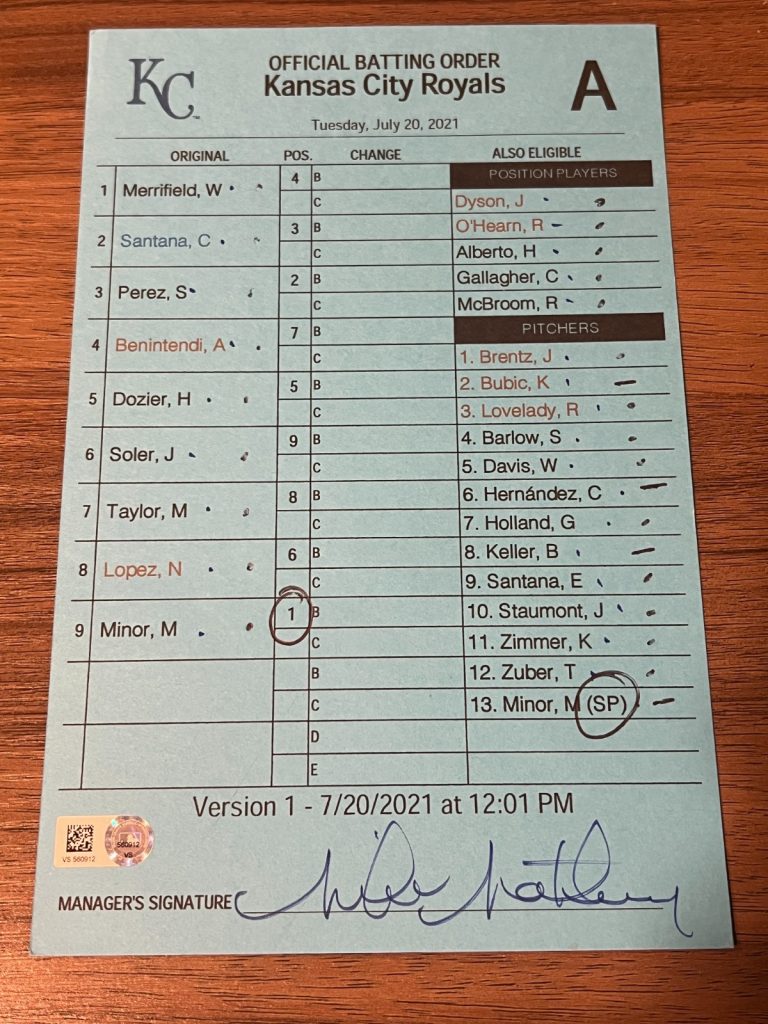 2021 GAME USED KANSAS CITY ROYALS BASEBALL UMPIRE LINE UP CARD 7/20