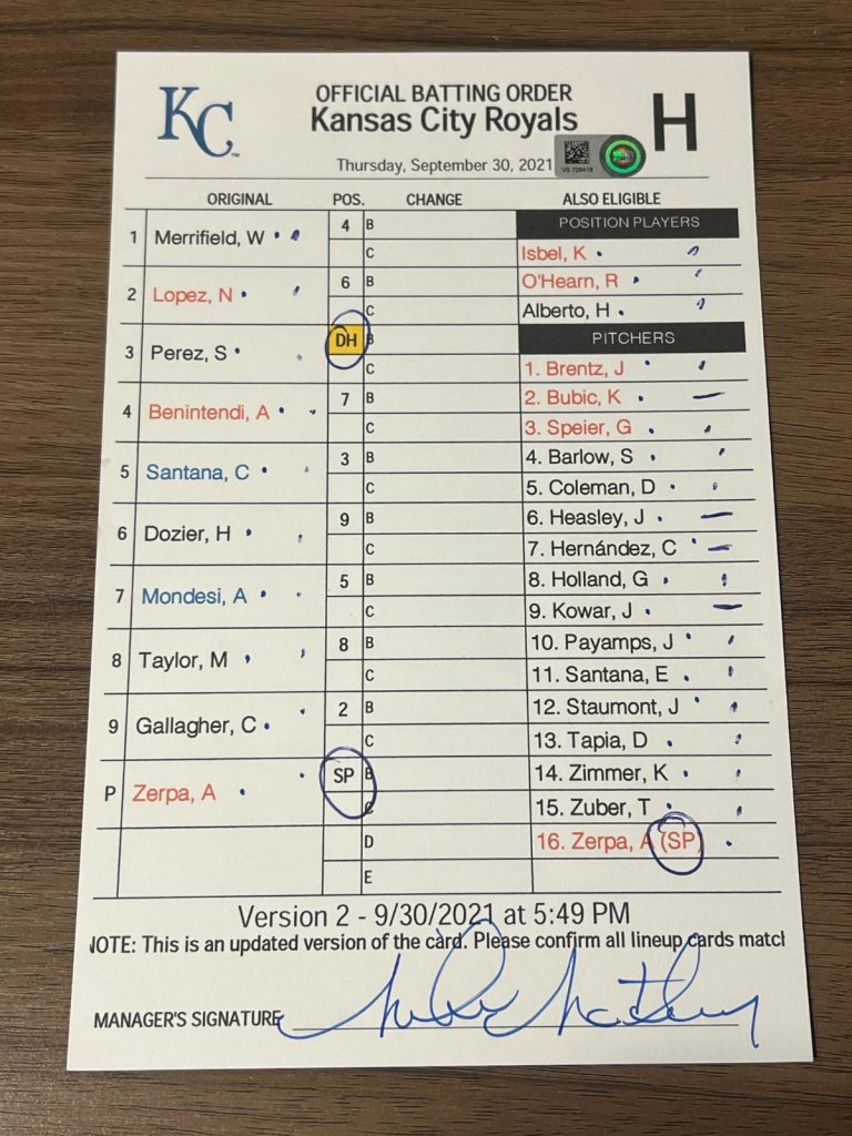 2021 GAME USED KANSAS CITY ROYALS BASEBALL UMPIRE LINE UP CARD 9/30