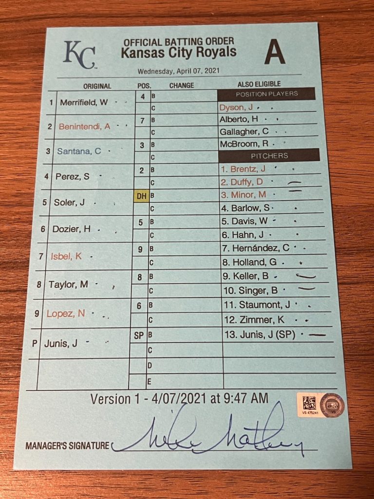 2021 GAME USED KANSAS CITY ROYALS BASEBALL UMPIRE LINE UP CARD 4/7 SALVY HR
