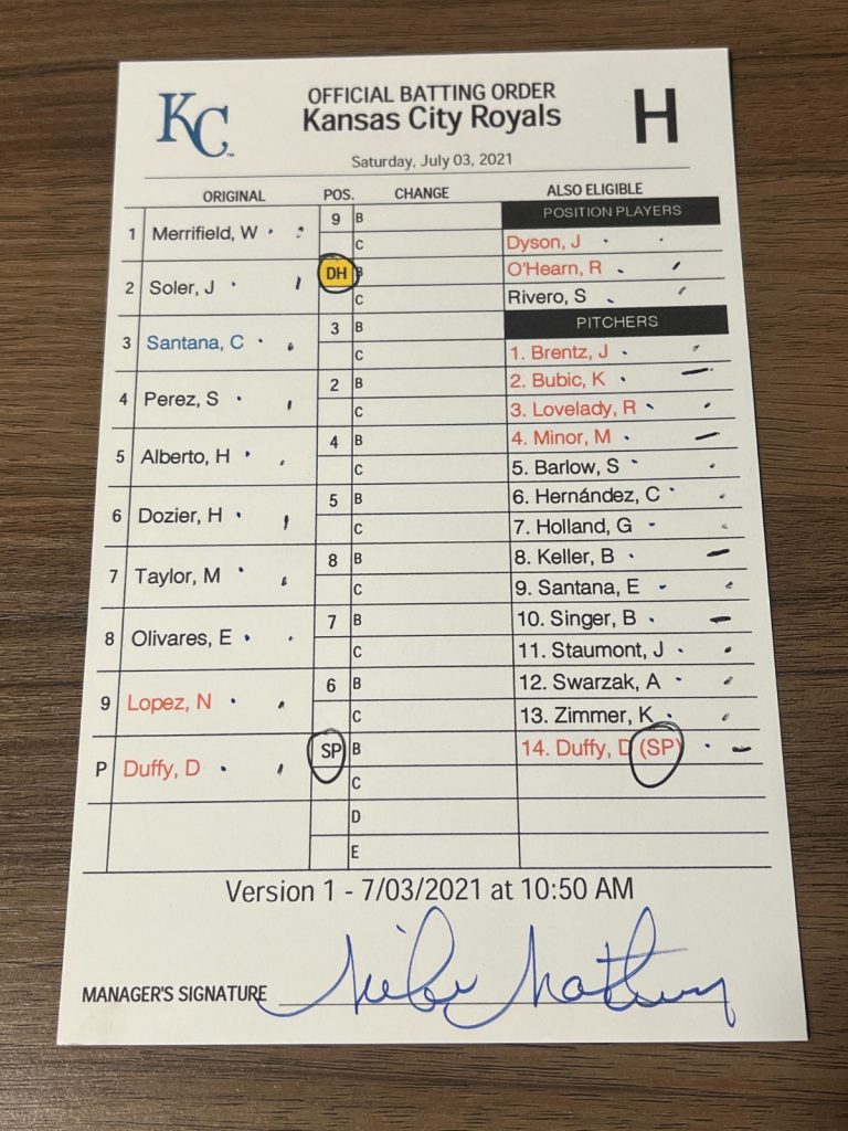 2021 GAME USED KANSAS CITY ROYALS BASEBALL UMPIRE LINE UP CARD 7/3