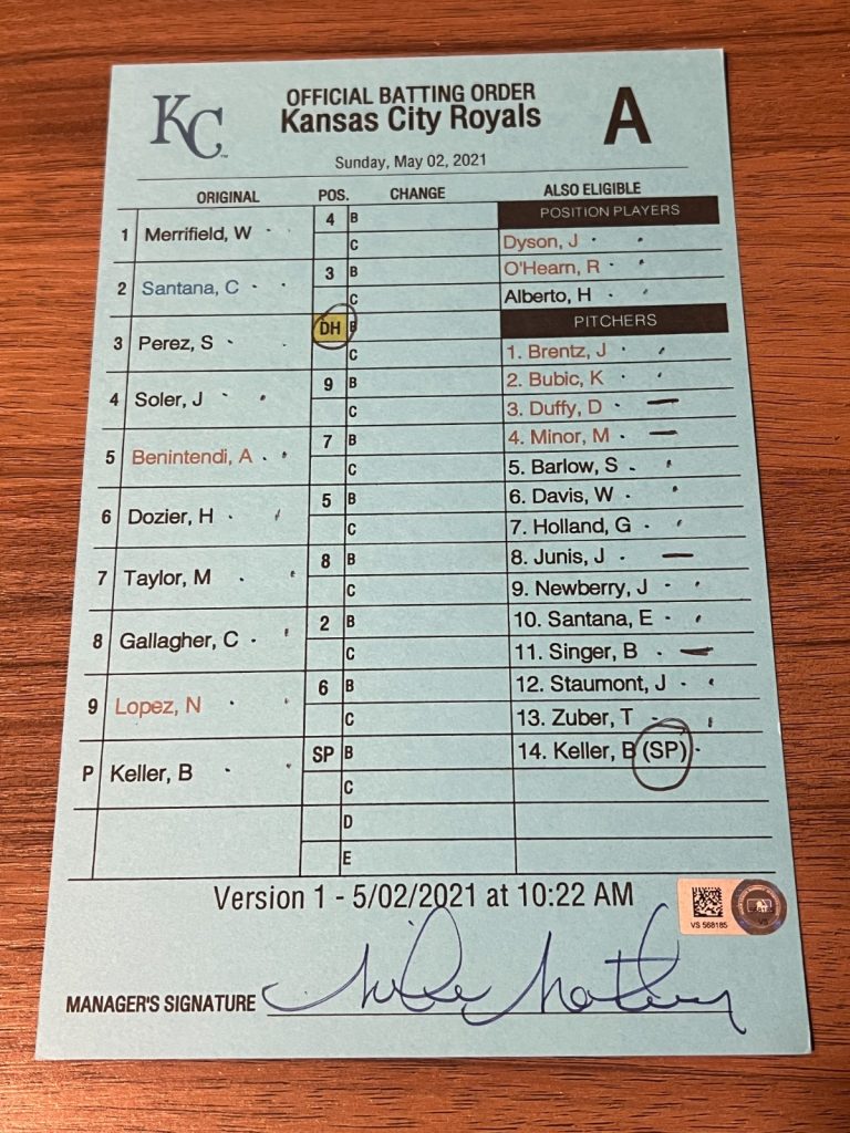 2021 GAME USED KANSAS CITY ROYALS BASEBALL UMPIRE LINE UP CARD 5/2