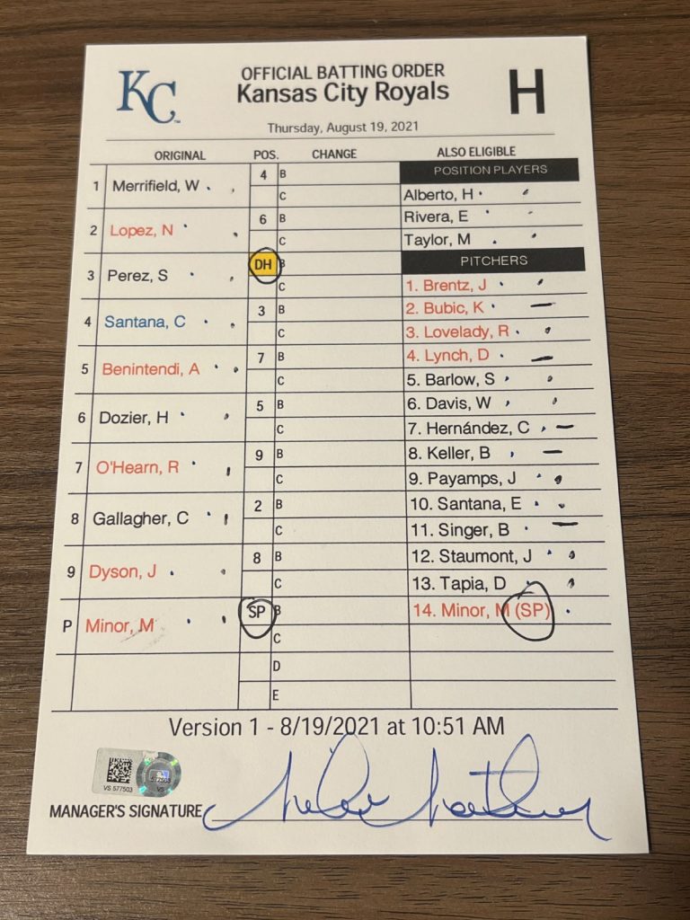 2021 GAME USED KANSAS CITY ROYALS BASEBALL UMPIRE LINE UP CARD 8/19