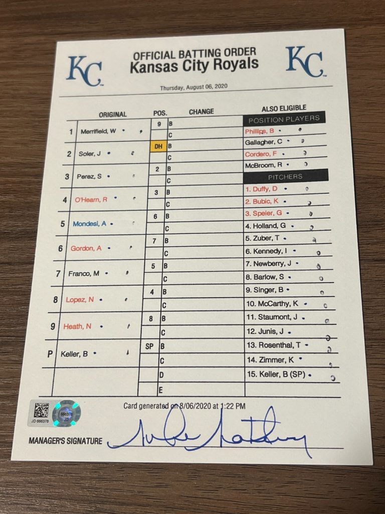 2020 GAME USED KANSAS CITY ROYALS BASEBALL UMPIRE LINE UP CARD 8/6