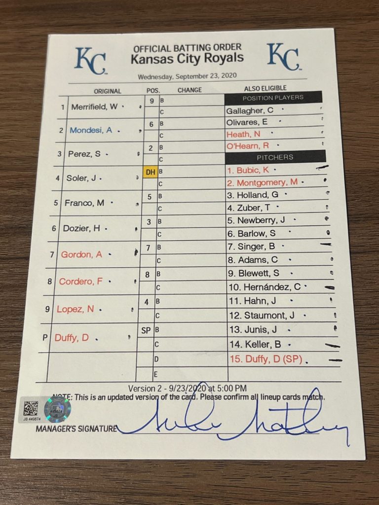 2020 GAME USED KANSAS CITY ROYALS BASEBALL UMPIRE LINE UP CARD 9/23