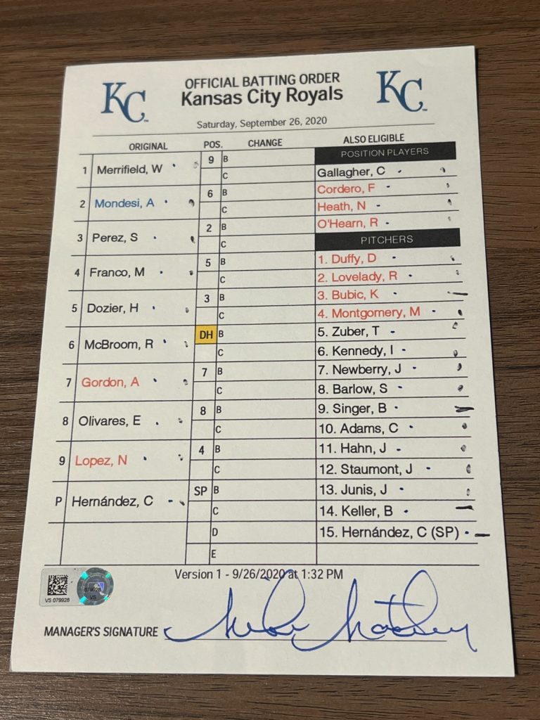 2020 GAME USED KANSAS CITY ROYALS BASEBALL UMPIRE LINE UP CARD 9/26