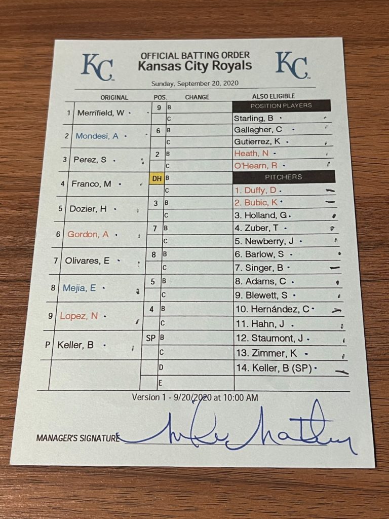 2020 GAME USED KANSAS CITY ROYALS BASEBALL UMPIRE LINE UP CARD 9/20