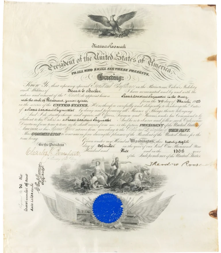 Teddy Theodore Roosevelt US President VP MOH Signed Autograph Naval Appointment