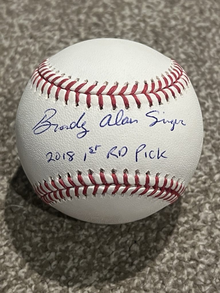 BRADY SINGER SIGNED BASEBALL AUTO ROYALS REDS FULL NAME JSA COA (NO CERT CARD)