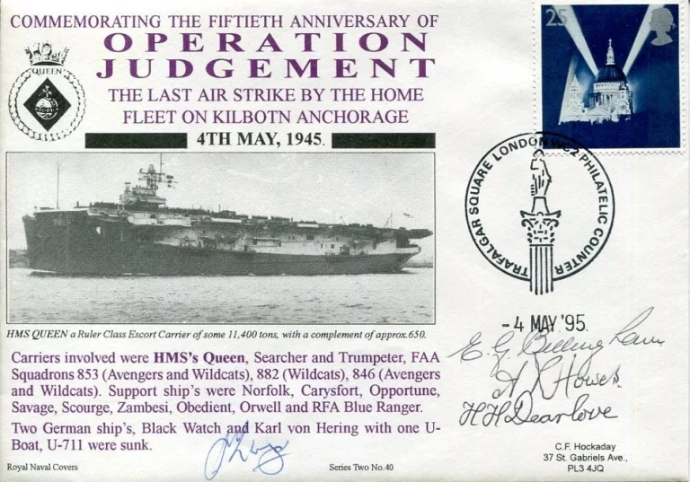 HMS Queen Operation Judgement Last Air Strike WWII War 4 Crew Signed Autograph