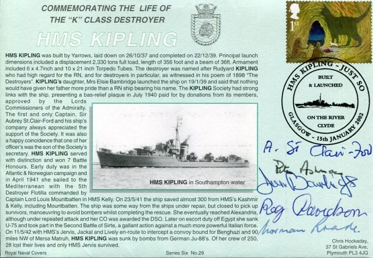 Vice Admiral Peter Ashmore HMS Kipling & 3 Survivors WWII War Signed Autograph