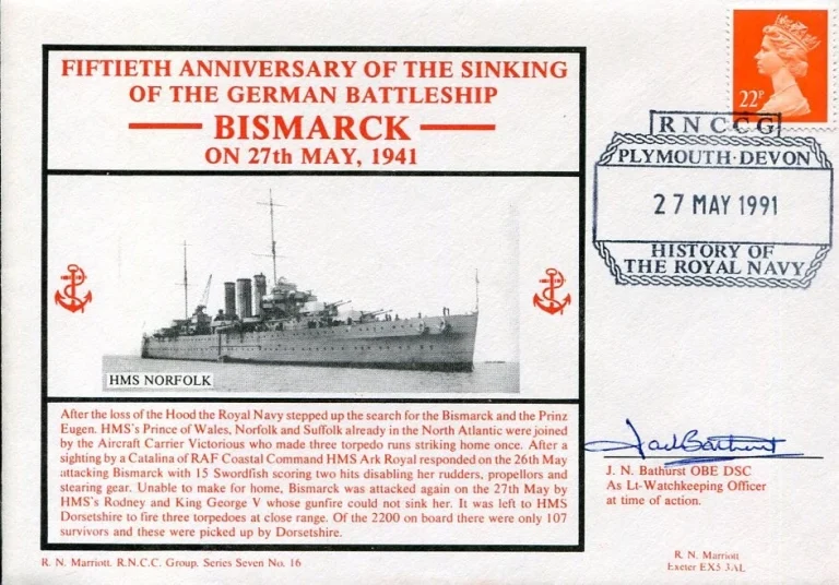 J. N. Bathurst HMS Norfolk Sinking Of The Bismarck WWII War Signed Autograph