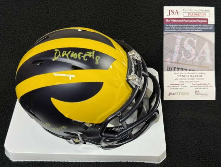 Derrick Moore Signed & Inscribed Michigan Wolverines Mini Helmet JSA COA