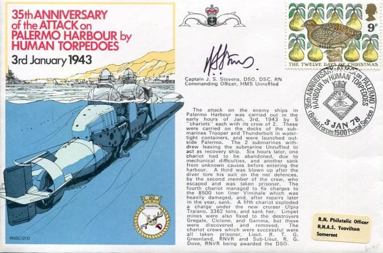 Captain J. S. Stevens HMS Unruffled Palermo Harbour WWII War Signed Autograph