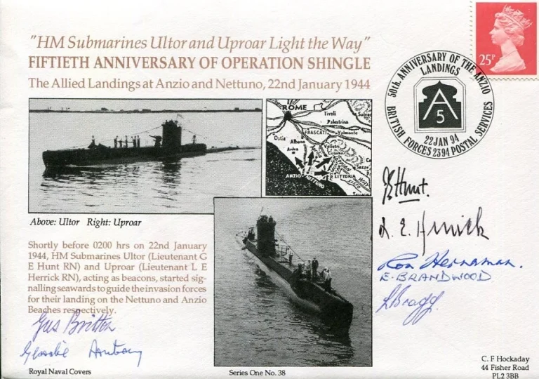 HMS Submarine Ultor Uproar Operatio Shingle 7 Veterans WWII War Signed Autograph