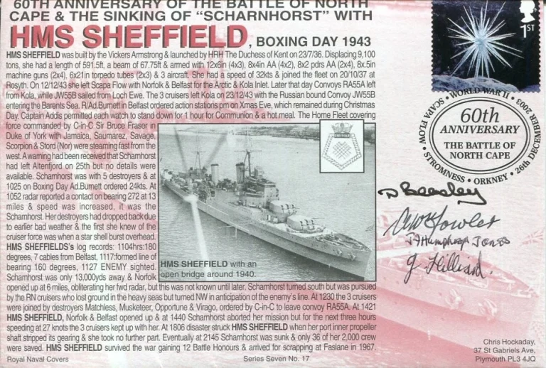 HMS Sheffield 4 Veterans Battle Of North Cape WWII War Signed Autograph