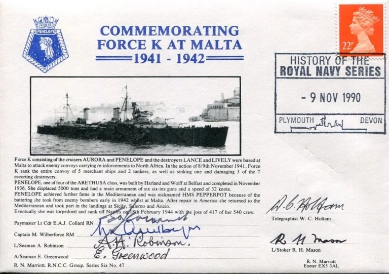 HMS Penelope Aurora Lance Lively Malta 6 Veterans Crew WWII War Signed Autograph
