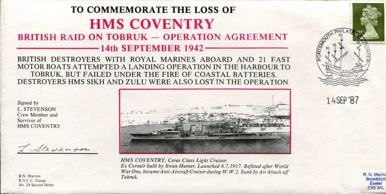 L Stevenson HMS Coventry Survivor Raid On Tobruk WWII War Signed Autograph