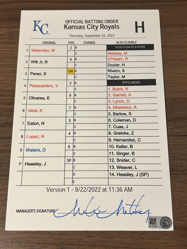 GAME USED ROYALS BASEBALL UMPIRE LINE UP CARD 9/22 2022 BOBBY WITT JR 2 HITS