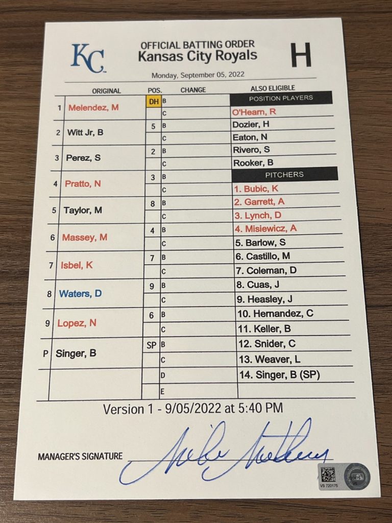 GAME USED ROYALS BASEBALL UMPIRE LINE UP CARD 9/5 2022 BOBBY WITT JR ROOKIE