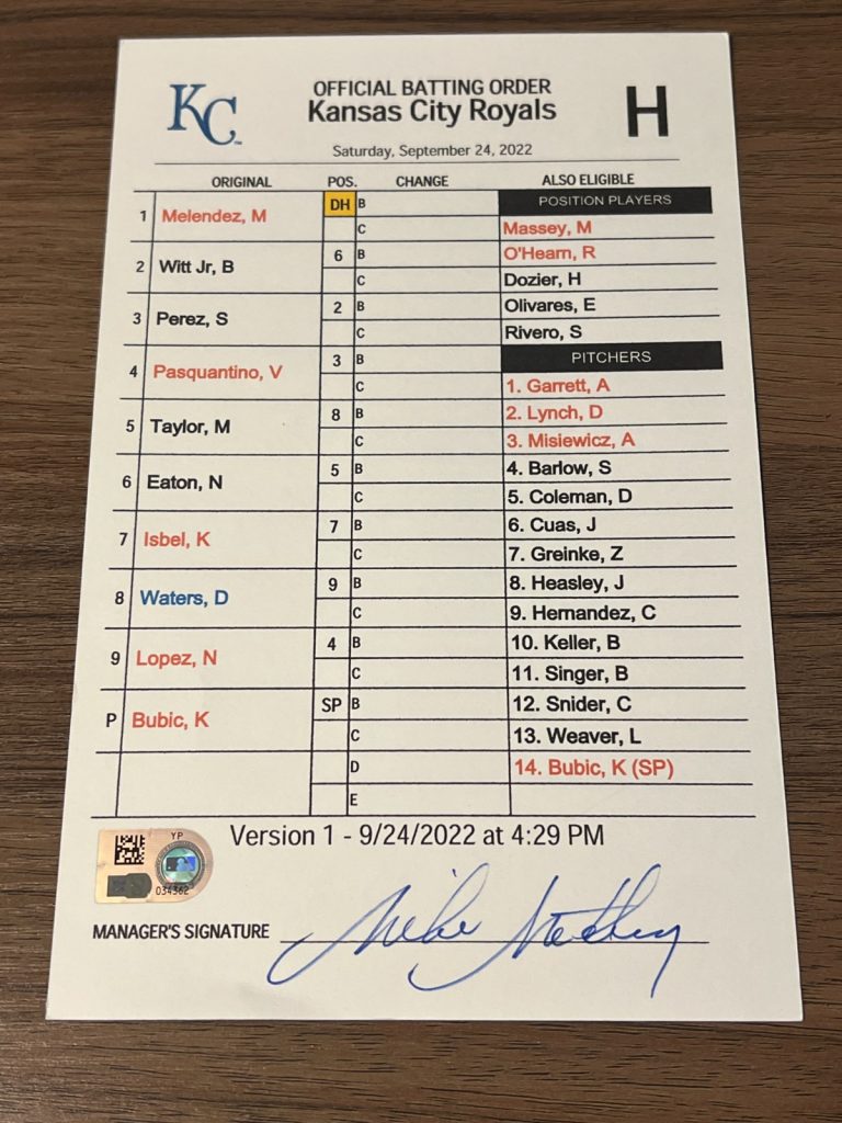 GAME USED ROYALS BASEBALL UMPIRE LINE UP CARD 9/24 2022 BOBBY WITT JR 2 HITS