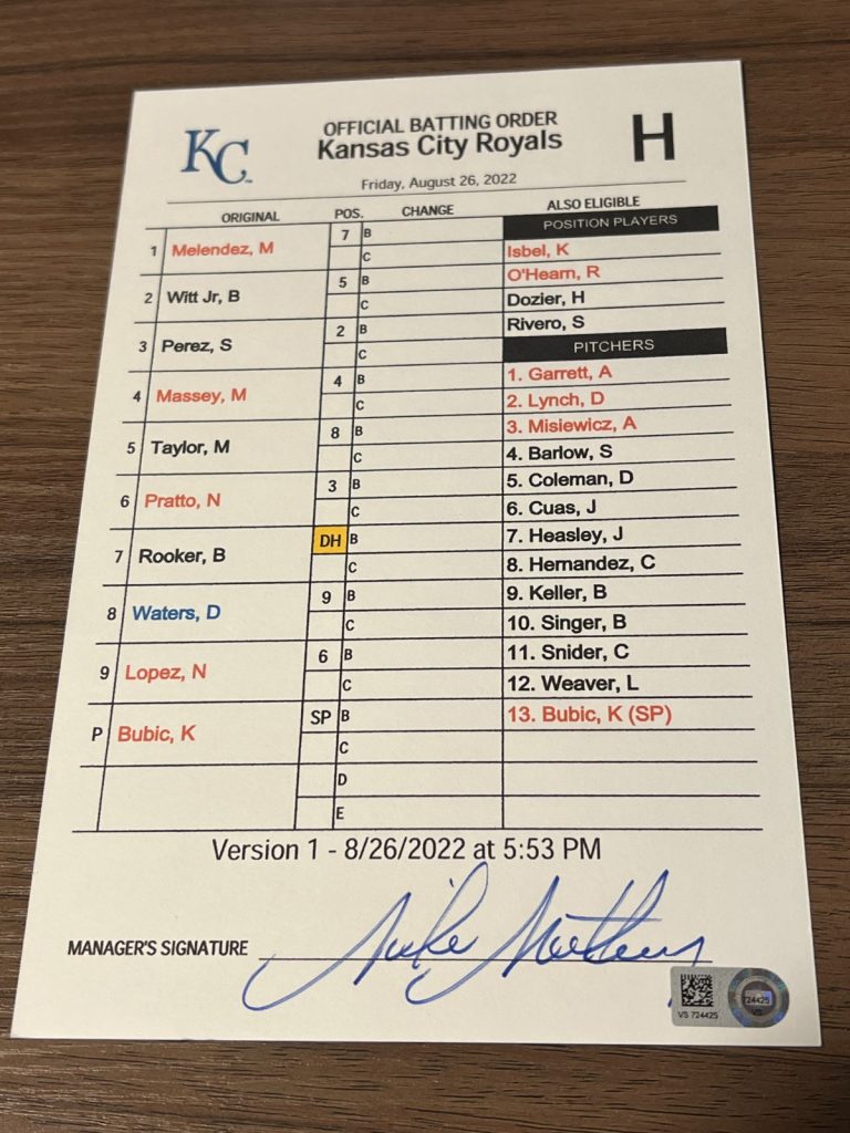 GAME USED ROYALS BASEBALL UMPIRE LINE UP CARD 8/26 2022 BOBBY WITT JR HIT ROOKIE