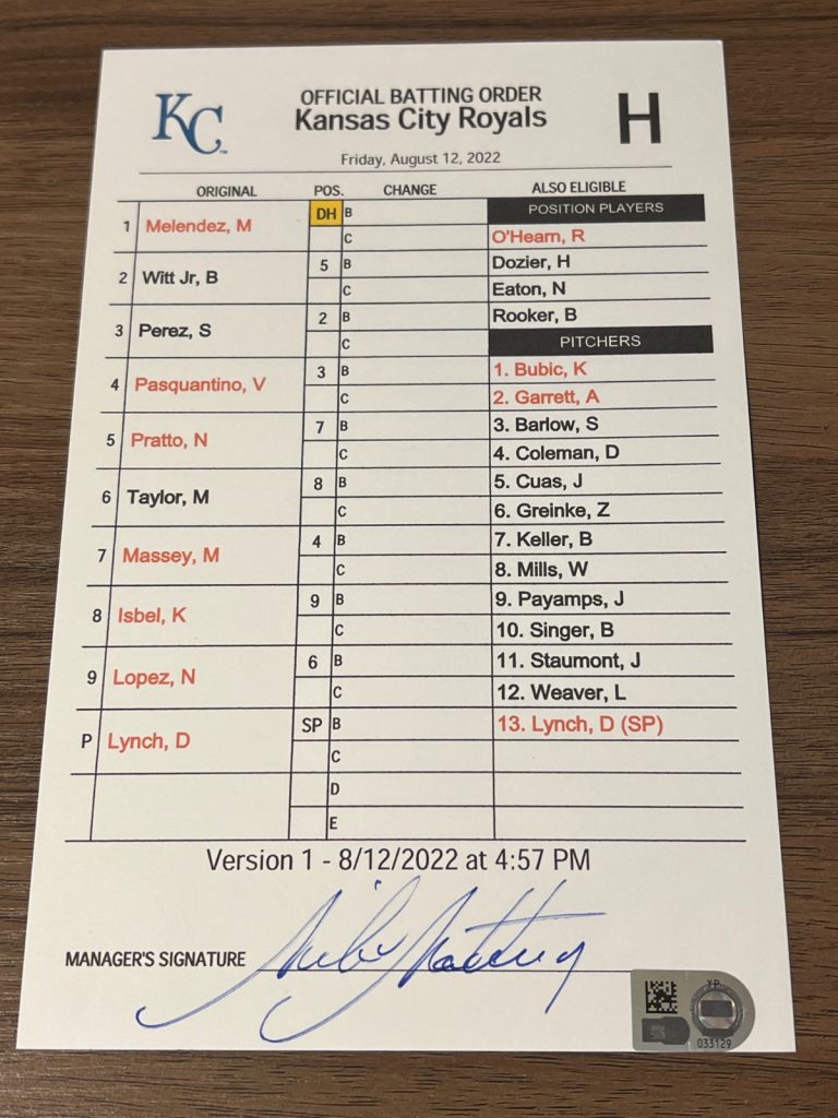 GAME USED ROYALS BASEBALL UMPIRE LINE UP CARD 8/12 2022 BOBBY WITT JR ROOKIE