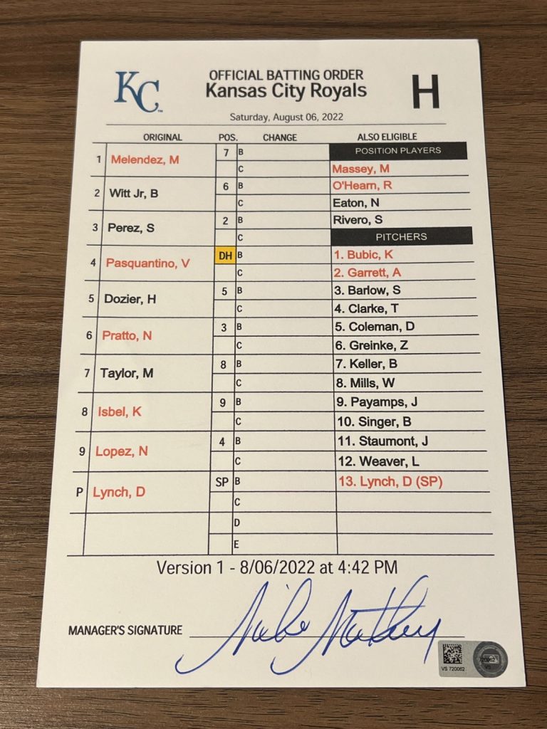 GAME USED ROYALS BASEBALL UMPIRE LINE UP CARD 8/6 2022 BOBBY WITT JR HIT RBI