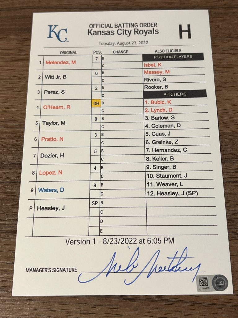 GAME USED ROYALS BASEBALL UMPIRE LINE UP CARD 8/23 2022 BOBBY WITT JR HOME RUN