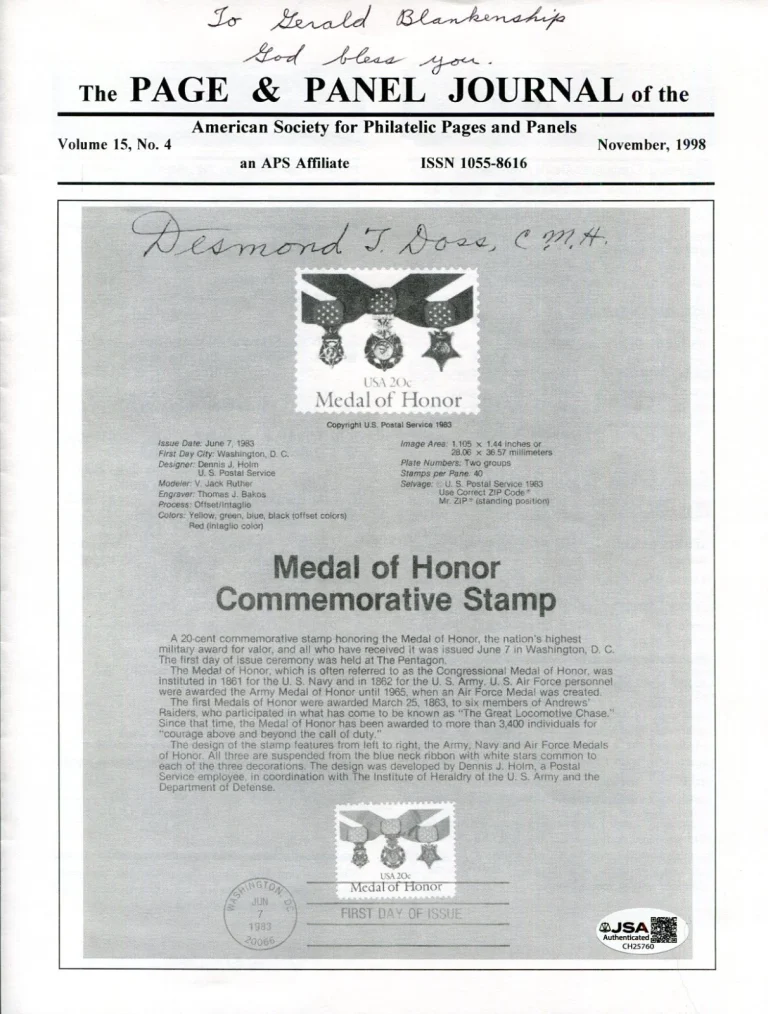 Desmond Doss Medal Of Honor MOH WWII Hacksaw Ridge Signed Autograph Citation JSA