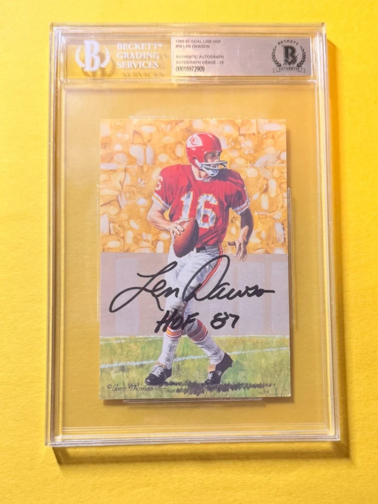 1989 GOAL LINE HOF LEN DAWSON #38 SIGNED ART BECKETT AUTHENTIC 10 
