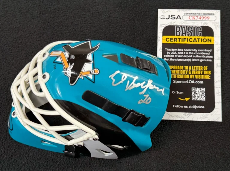 Ed Belfour Signed San Jose Sharks Riddell Mini Goalie Mask Silver JSA COA