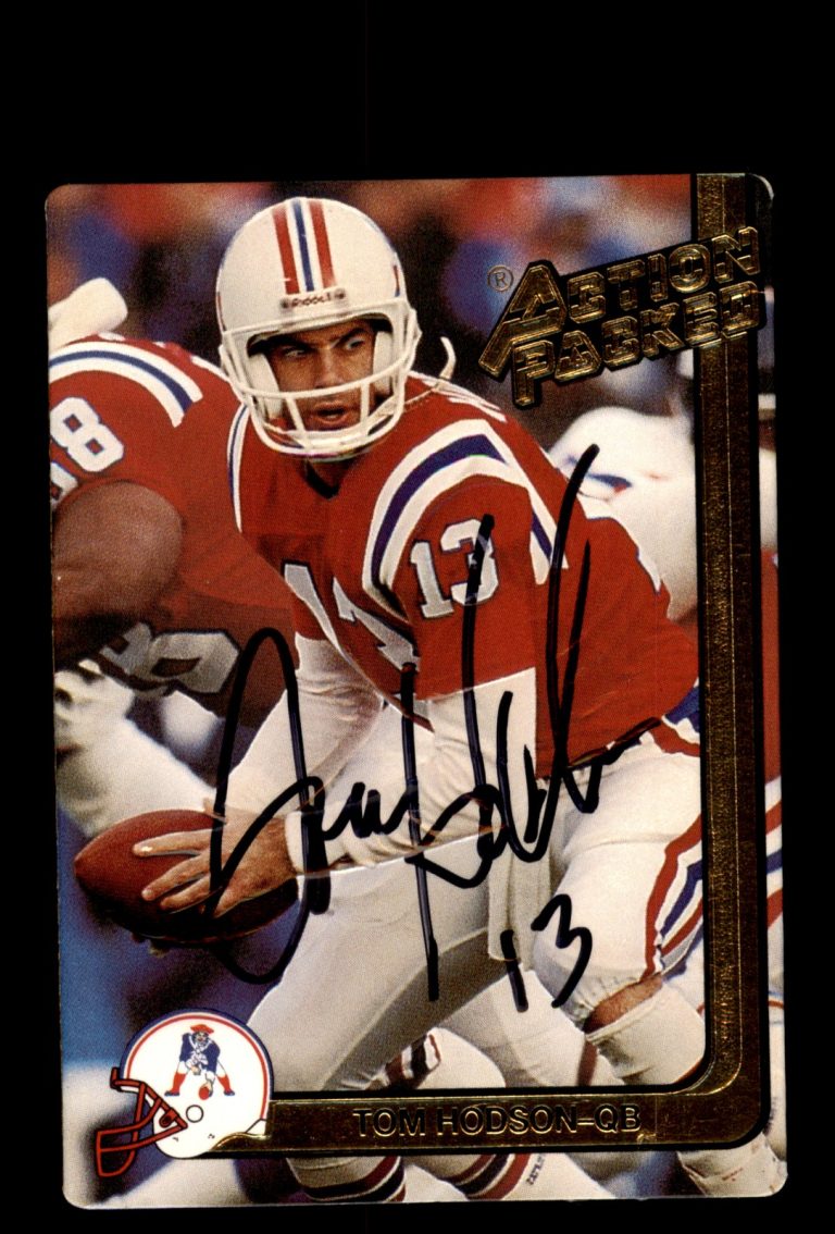 Signed Football Card Auto Tom Hodson 1991 Action Packed #166 Patriots