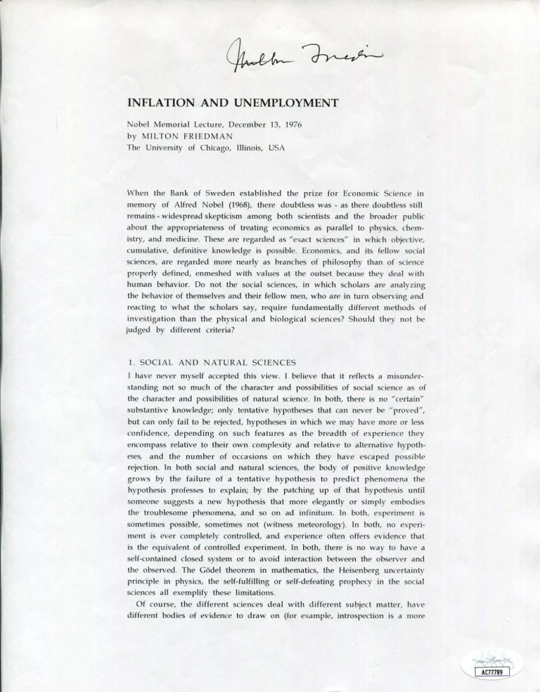 Milton Friedman 1976 Nobel Prize Economics Rare Signed Autograph Lecture JSA