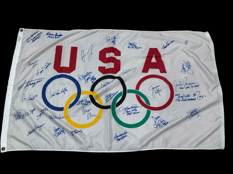 Muhammad Ali Cassius Clay Inscription Joe Frazier 30+ Signed Olympic Flag JSA