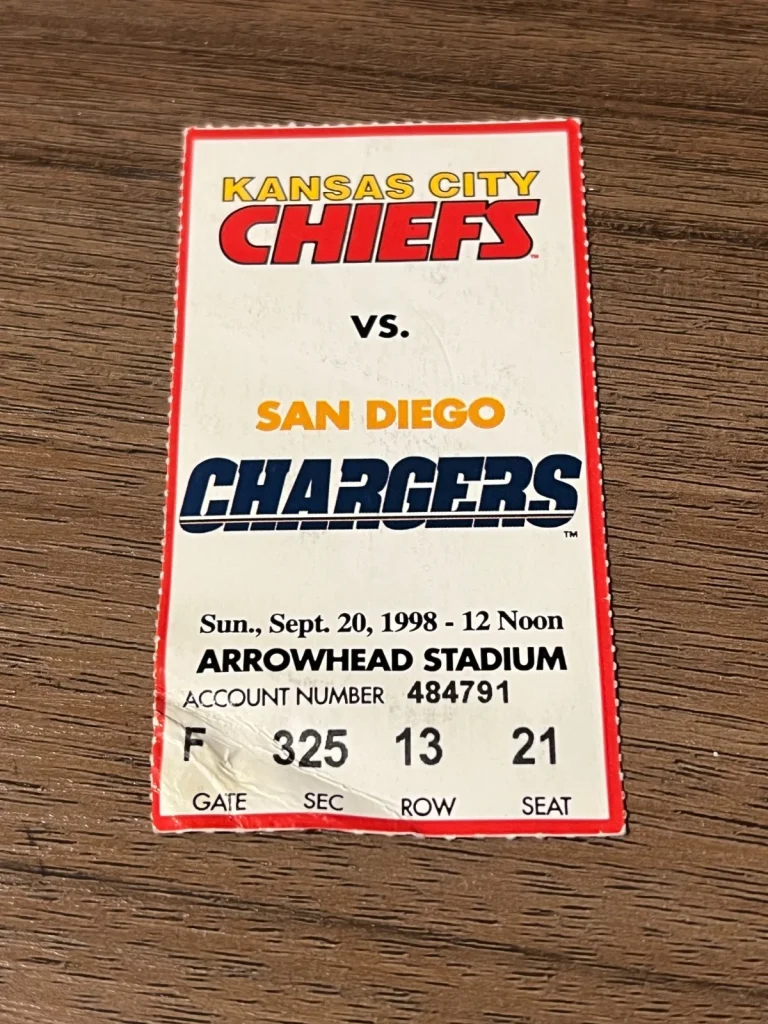 FOOTBALL TICKET STUB ARROWHEAD KANSAS CITY CHIEFS SAN DIEGO CHARGERS 9/20 1998