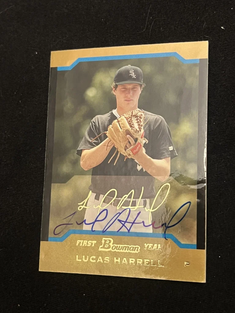 Signed Baseball Card Auto Lucas Harrell 2004 Bowman #BDP118 Gold Damage