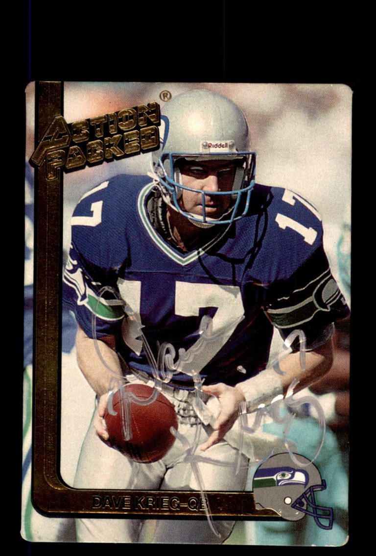 Signed Football Card Auto Dave Krieg 1991 Action Packed #256 Seattle Seahawks