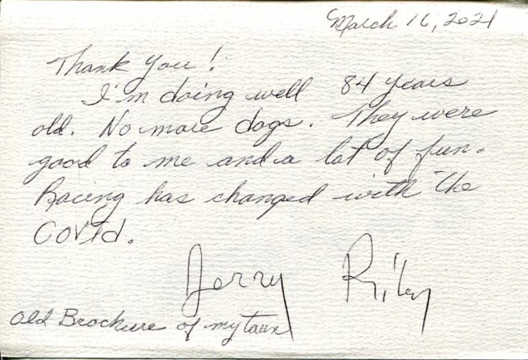Gerald Jerry Riley Iditarod Race Winner Dog Musher Signed Autograph Note